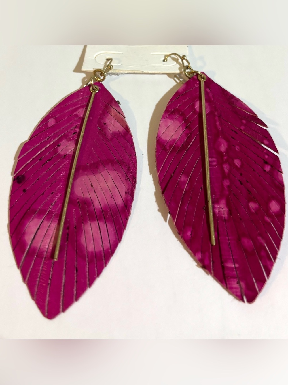 Bold Magenta leather Feather Drop Earrings with Gold Accent - Women's Jewelry
